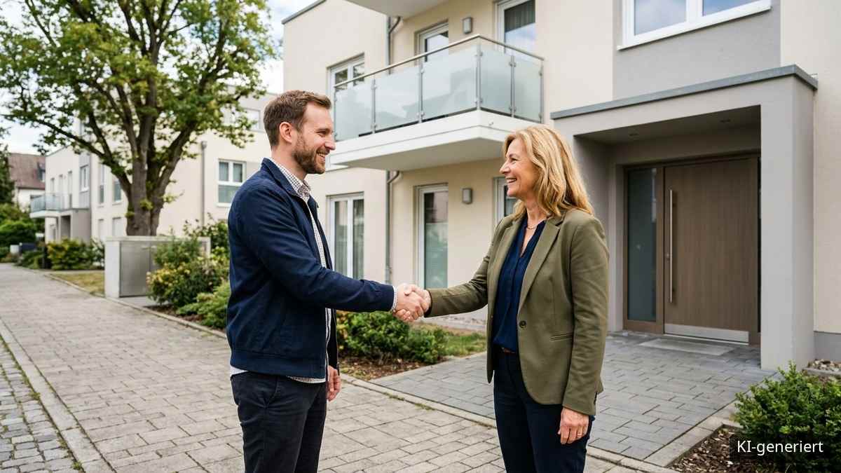 Mieter finden: Vermieter und Mieter im Gespräch Vermieterin und zukünftiger Mieter beim Handschlag vor einem Mehrfamilienhaus
